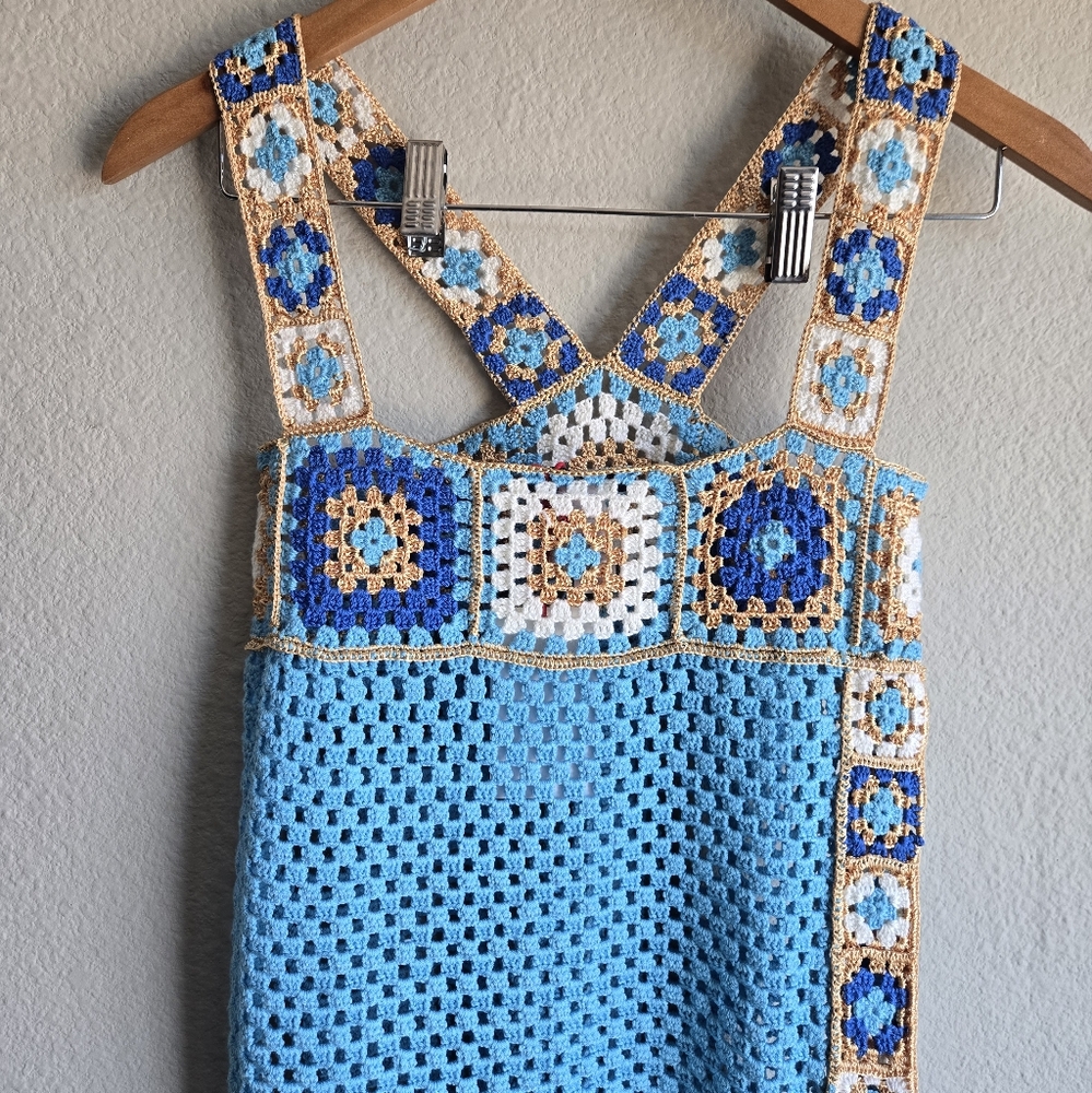 REVOLVE Sky Blue Crochet Maxi Dress with Multicolor Mosaic Trim - Picture 9 of 10